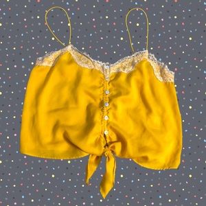 UO yellow button up tank w/ lace trim